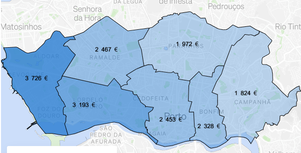 Carte des prix par quartiers de Porto – neuve et ancienne