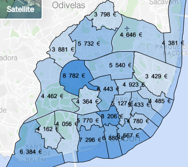 Carte des prix par quartiers de Lisbonne – neuve et ancienne