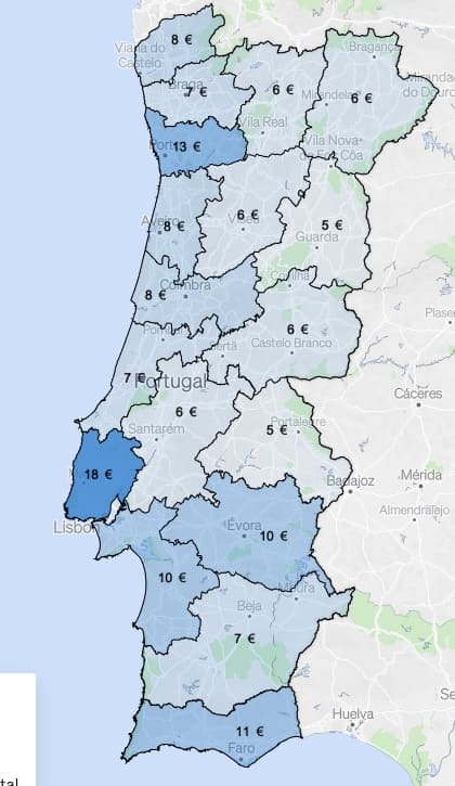 Map of average rents per m2 in Portugal