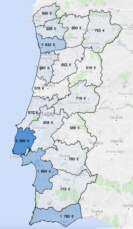 Map of average house rents in Portugal