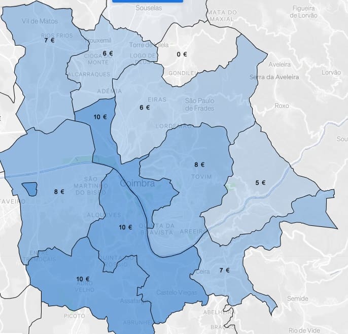 Map of average rents in Coimbra