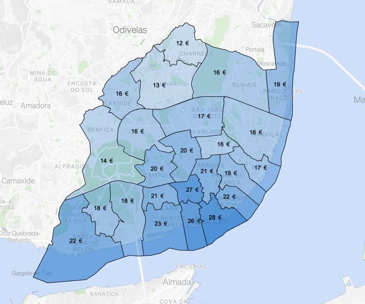 Map of average rents in Lisbon