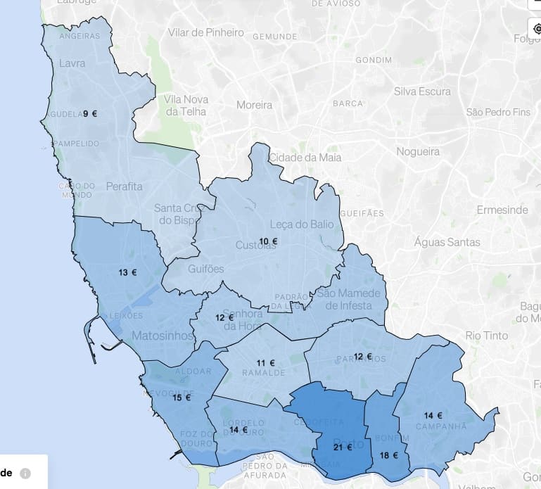 Map of average rents in Porto