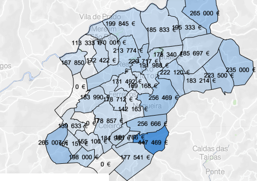 Carte des prix par quartiers de Braga – Neuf et ancien