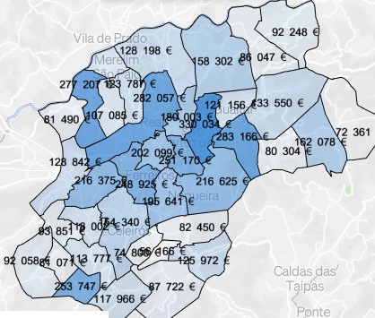 Carte des prix des terrains par quartiers de Braga