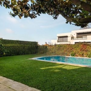 grand jardin avec pelouse et piscine