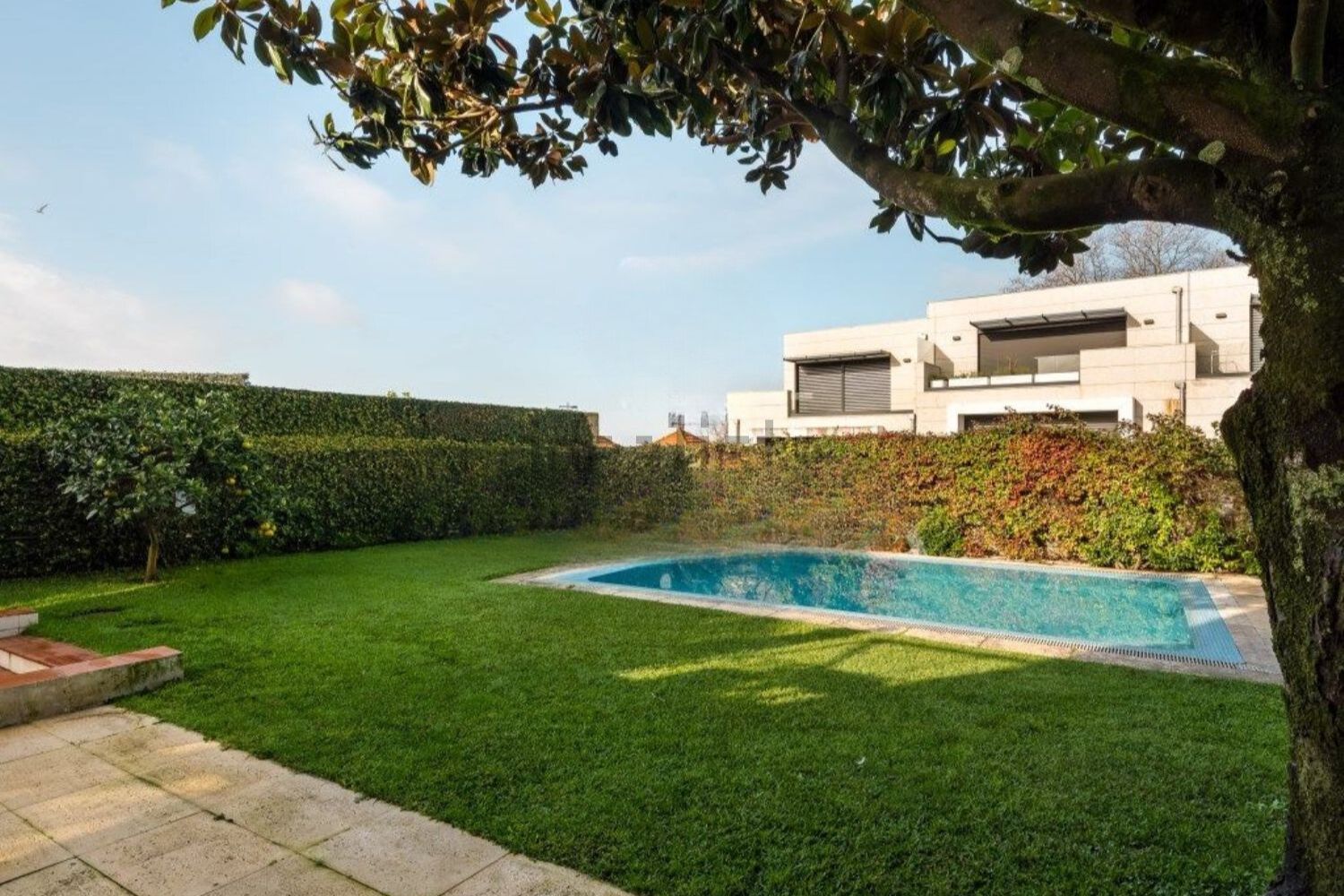 grand jardin avec pelouse et piscine