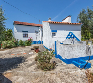 jardin d'une petite maison blanche et bleu