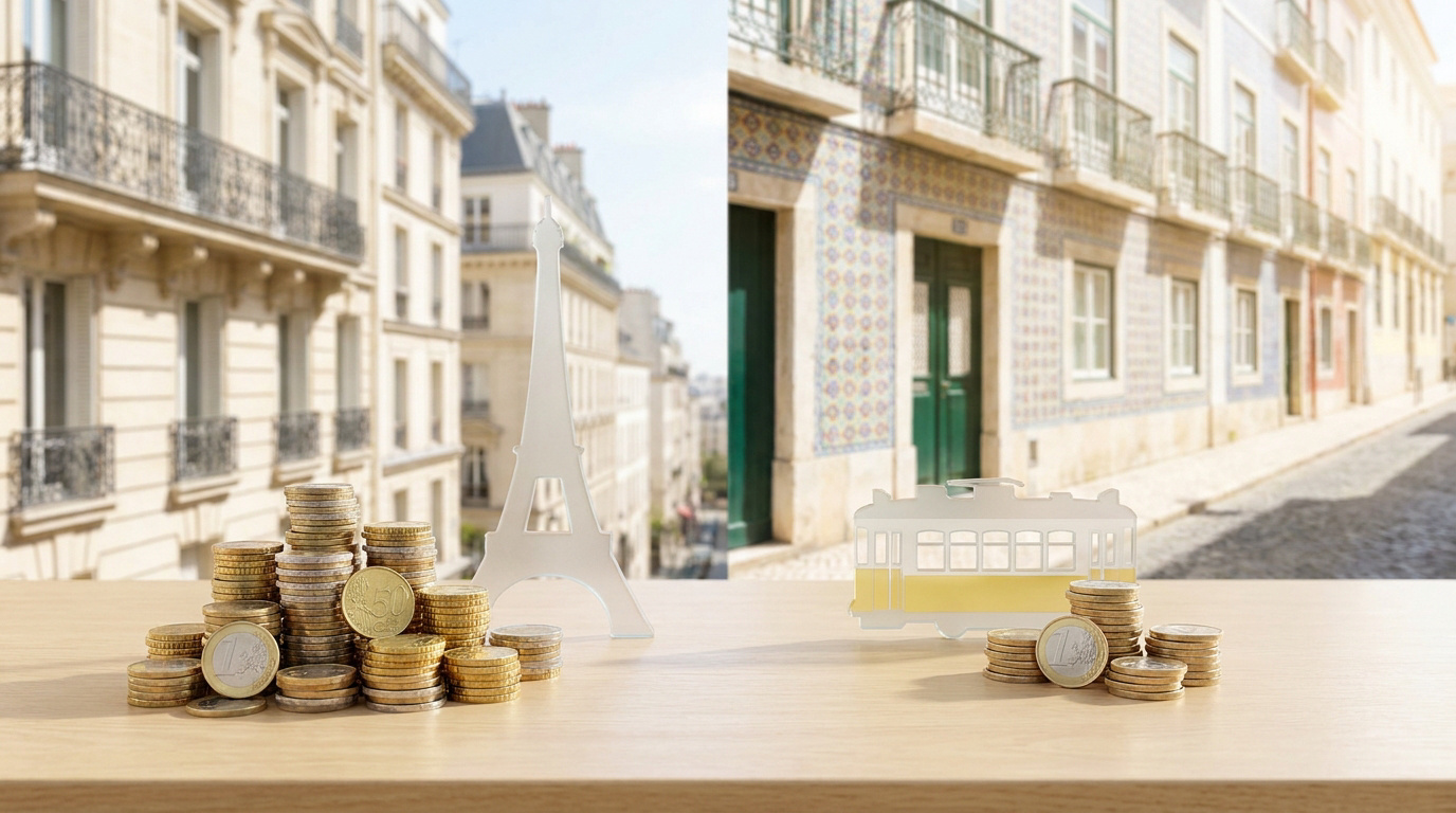 Coût de la vie : Paris vs Lisbonne Vue divisée comparant le coût de la vie entre Paris et Lisbonne. Piles d'euros, Tour Eiffel et tram devant des bâtiments typiques.