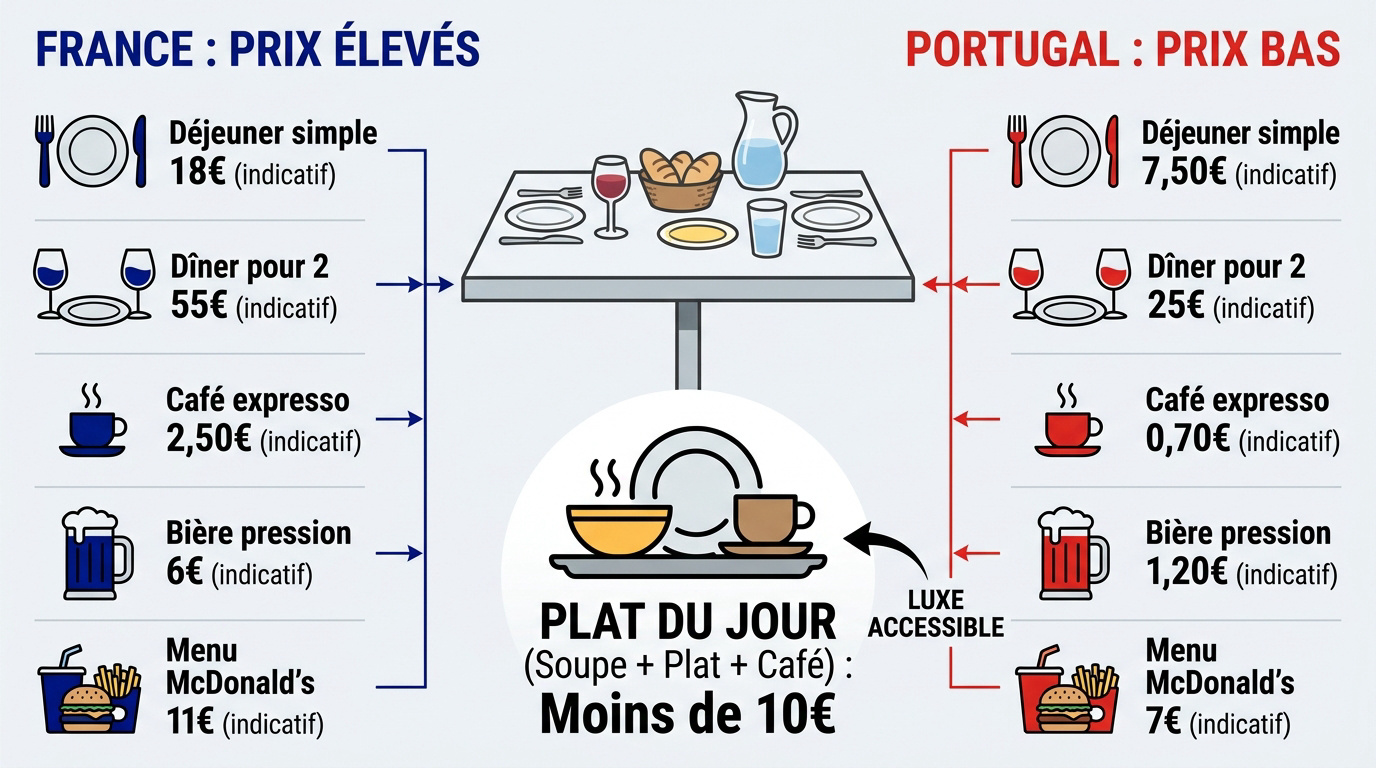 Comparaison des prix des restaurants et cafés entre la France et le Portugal