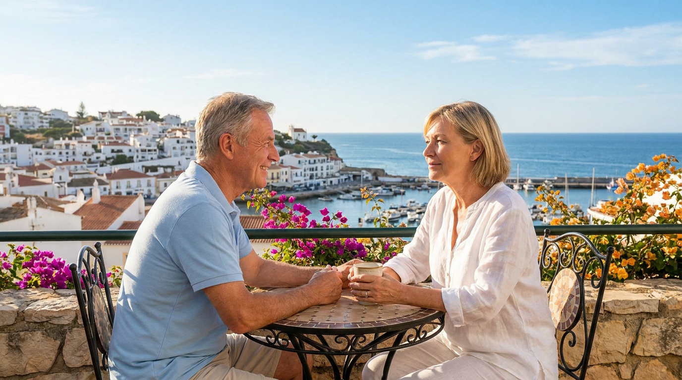 Retraités heureux face à la mer au Portugal Couple de retraités heureux assis sur une terrasse ensoleillée, admirant un village côtier portugais typique et la mer.
