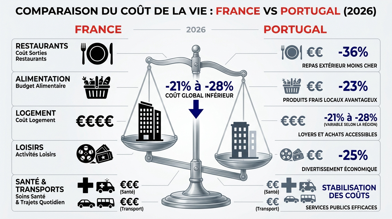Comparaison du coût de la vie entre la France et le Portugal en 2026