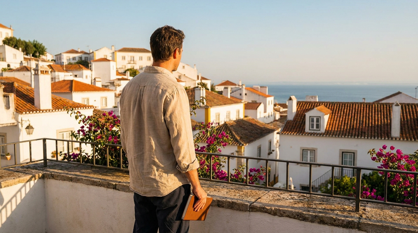 Expatriation au Portugal : le vrai coût de la vie Un homme regarde un village portugais traditionnel aux maisons blanches depuis une terrasse avec des bougainvilliers.