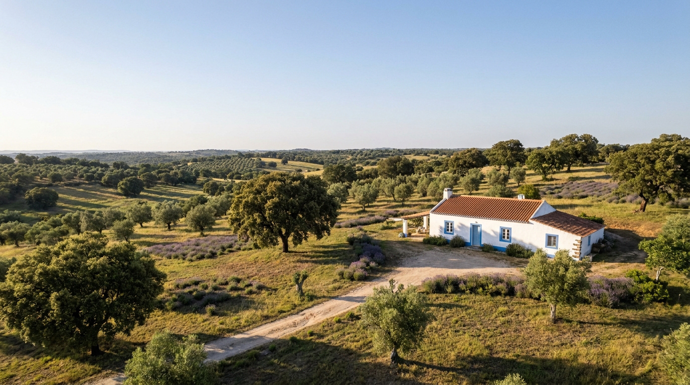 Maison traditionnelle dans la campagne portugaise Une maison blanche typique entourée d'oliviers et de lavande sous un ciel bleu clair.