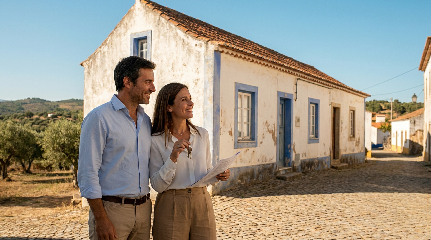 Achat de maison au Portugal : un couple heureux et ses clés Un couple heureux tenant les clés de sa maison portugaise traditionnelle devant une ruelle ensoleillée.