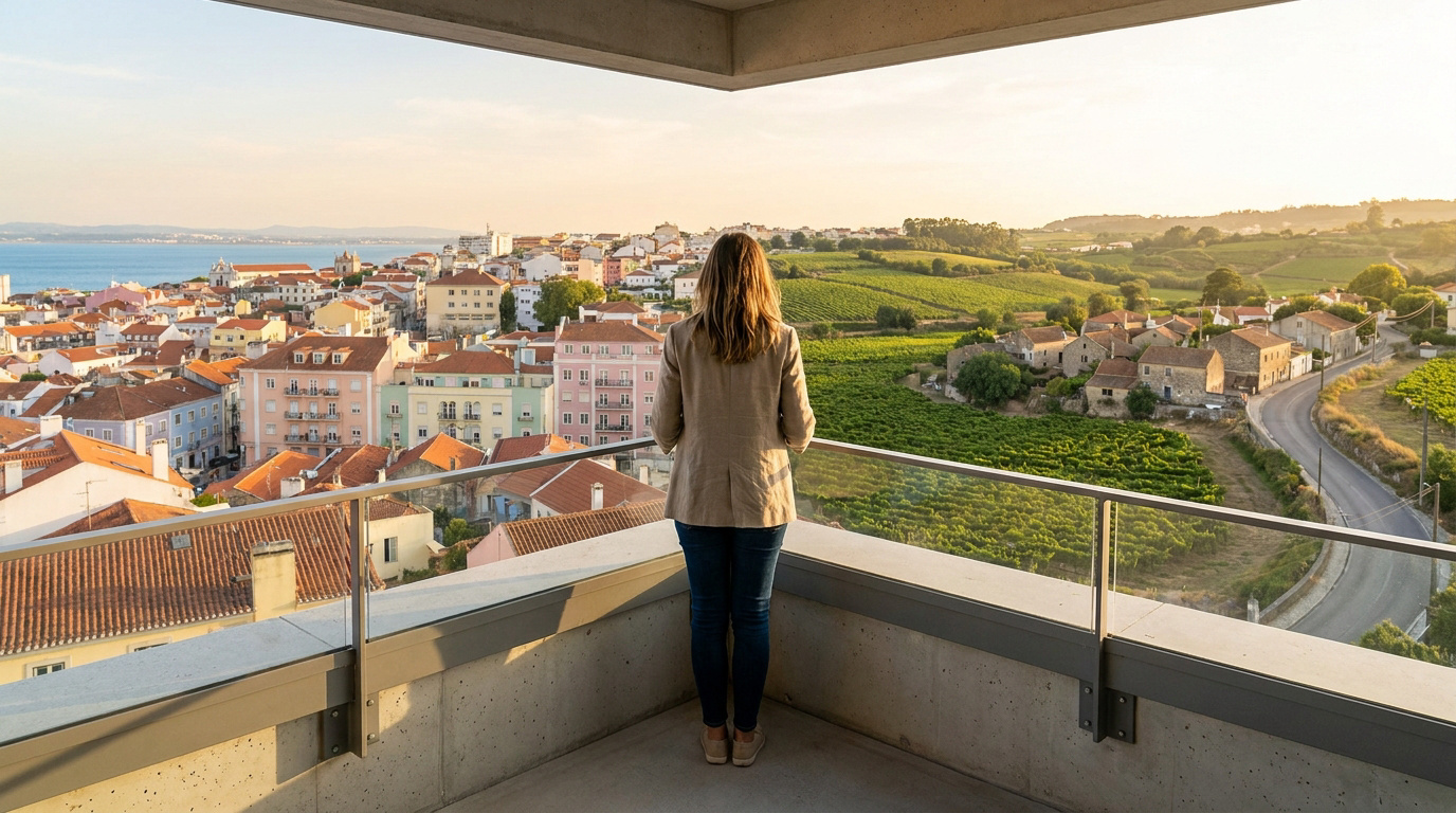 Une vue imprenable sur le Portugal Vue arrière d'une femme sur un balcon moderne dominant une ville portugaise et des vignobles au coucher du soleil.