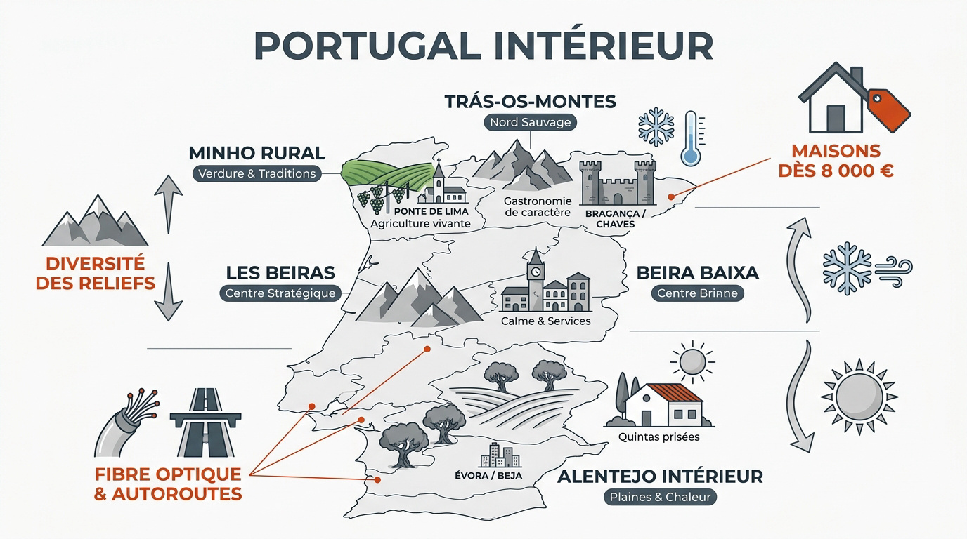 Carte simplifiée des régions de l'intérieur du Portugal