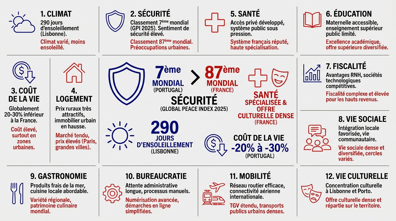 Tableau comparatif des indicateurs clés entre le Portugal et la France en 2026