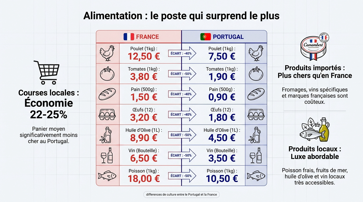 Comparaison des prix alimentaires entre la France et le Portugal en 2026