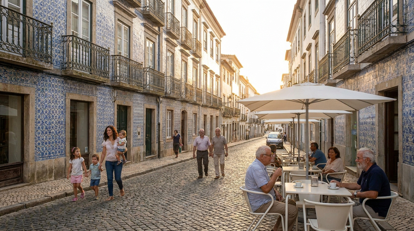 Douceur de vivre dans une rue portugaise Une rue pavée du Portugal avec des bâtiments ornés d'azulejos. Des habitants se promènent et se détendent à un café en terrasse.