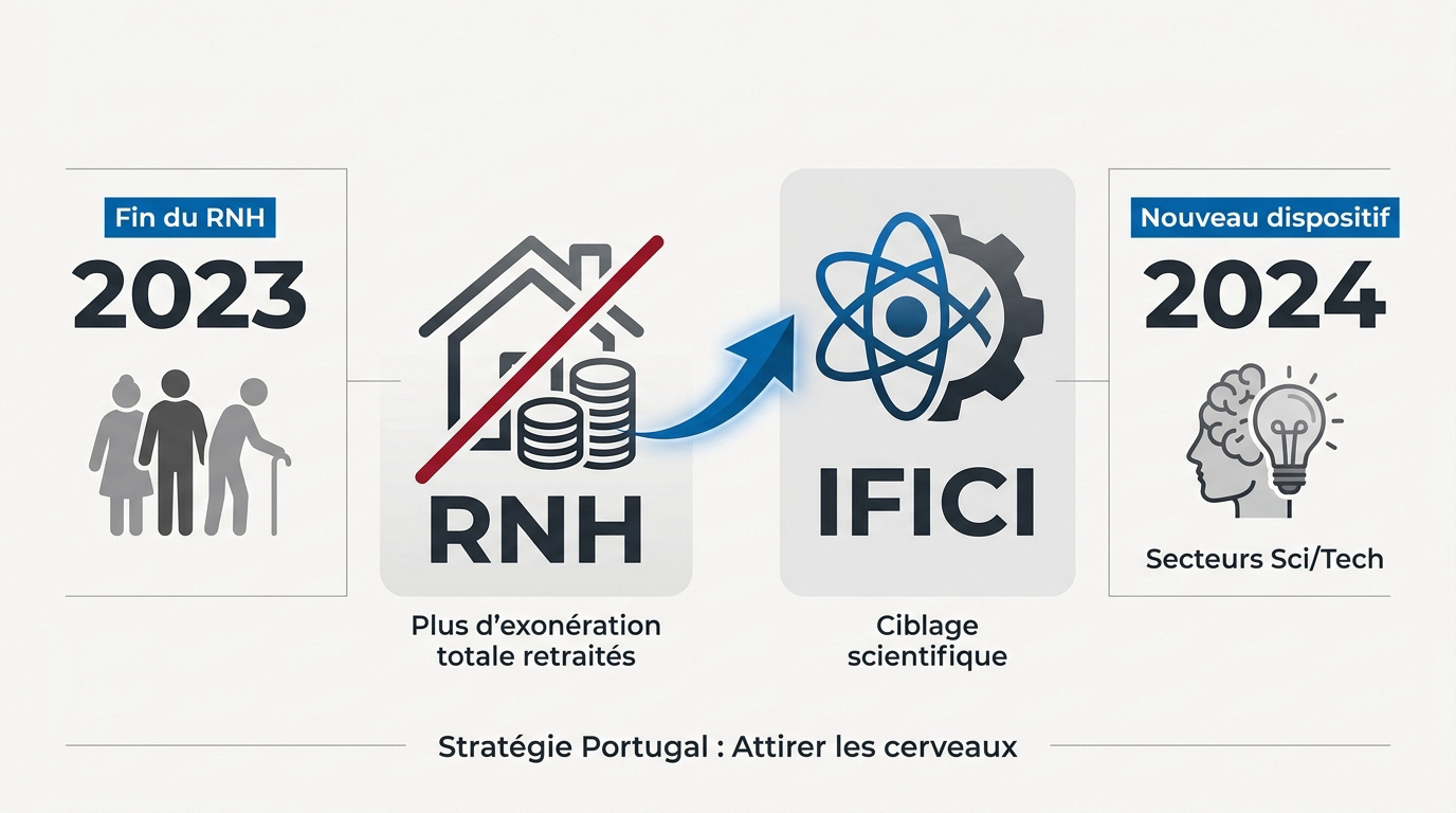 Schéma expliquant la transition fiscale entre l'ancien régime RNH et le nouveau dispositif IFICI au Portugal