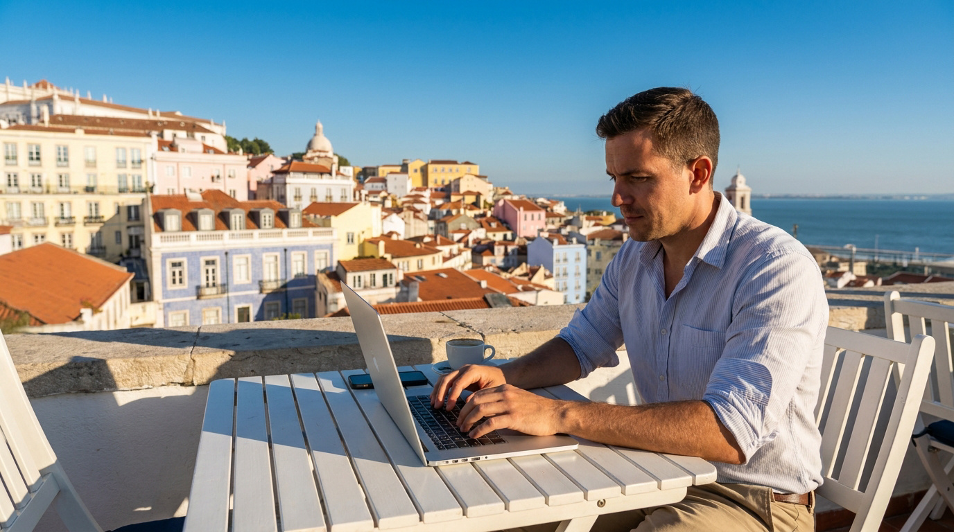 Digital Nomad : Bien gérer son activité à l’étranger Un homme travaille sur son ordinateur portable sur une terrasse ensoleillée avec une vue panoramique sur Lisbonne.