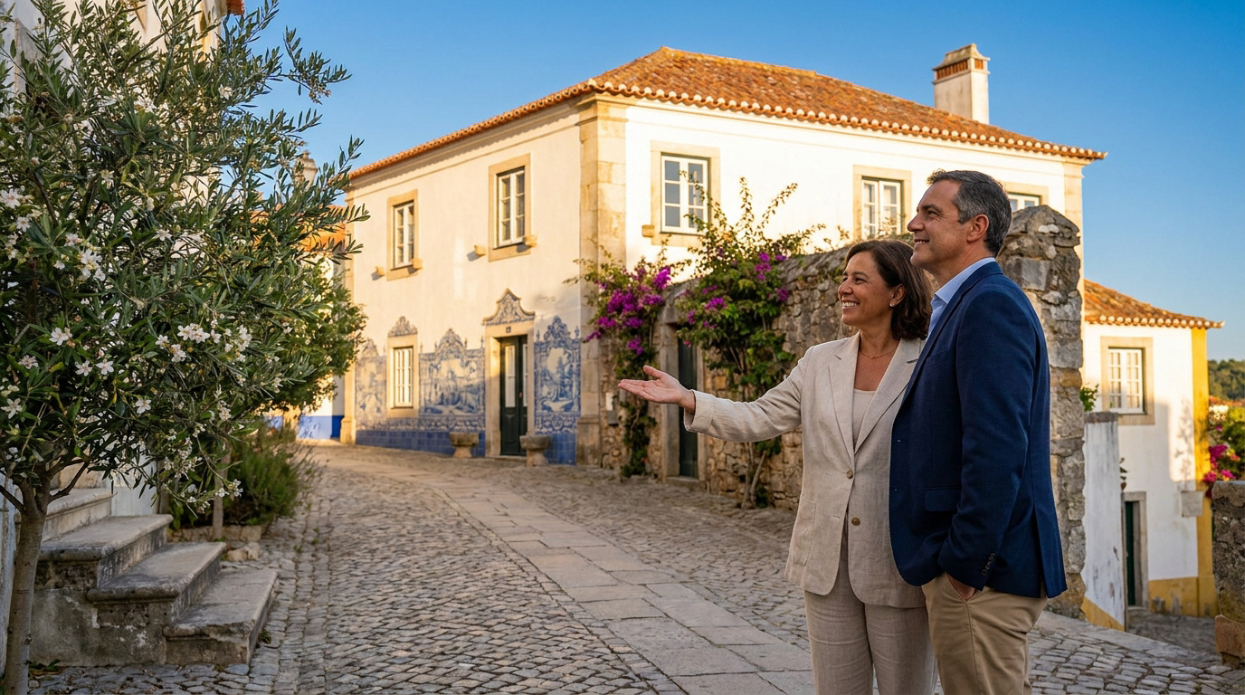 Les avantages d’un chasseur immobilier Un agent immobilier présente une magnifique maison traditionnelle portugaise à un client dans une rue pavée.