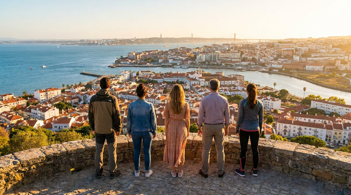 Regard vers un nouvel horizon en terre étrangère Cinq personnes de dos contemplent une ville portuaire au soleil couchant, avec un pont lointain. Vue d'un belvédère.