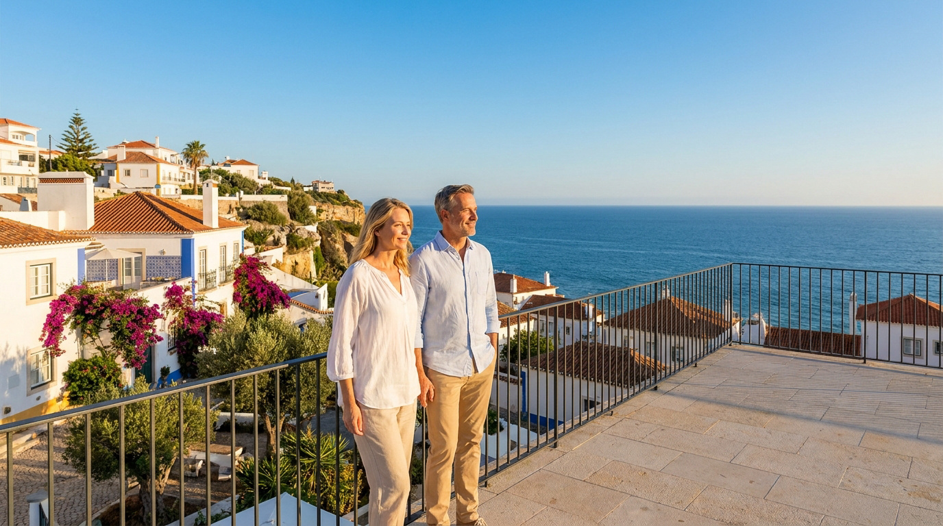 Réussir sa transition financière et profiter de la vie Un couple serein admire la vue sur la mer depuis une terrasse ensoleillée dans un village méditerranéen.