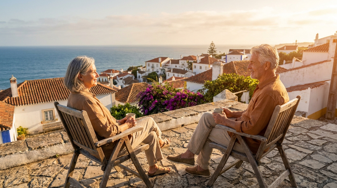 Profiter d’une retraite confortable au bord de la mer Un couple de retraités s'assoit sur une terrasse en pierre face à la mer et aux maisons blanches d'un village méditerranéen.