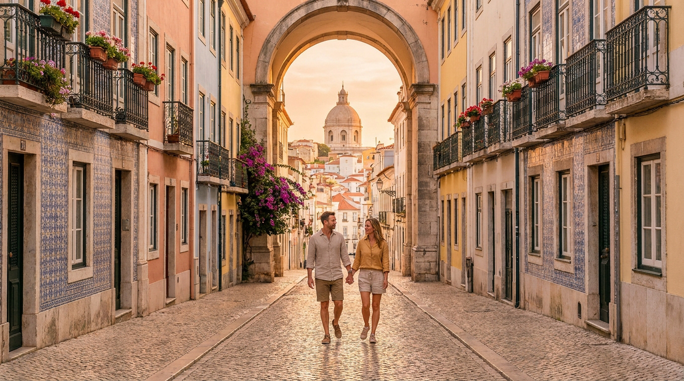 Escapade romantique au cœur du Portugal Un couple marche main dans la main dans une ruelle pavée colorée de Lisbonne sous une arche historique au coucher du soleil.