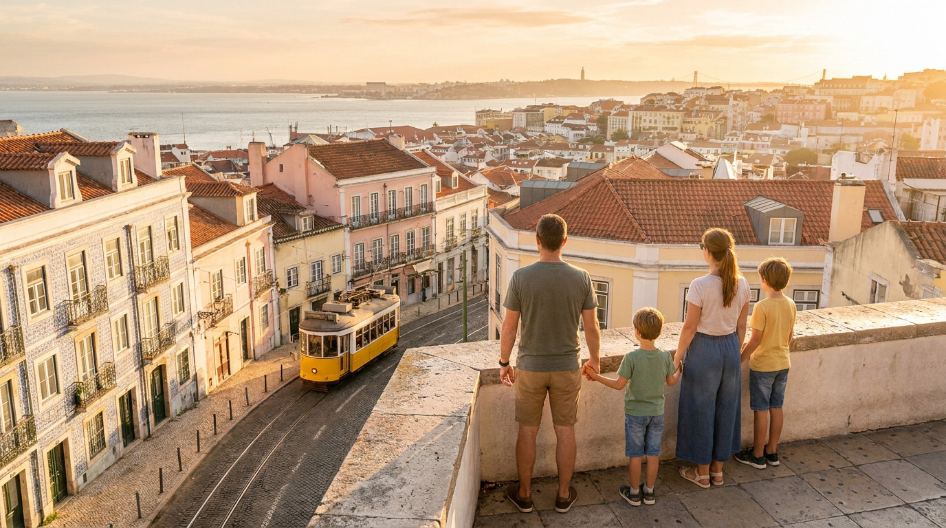 Expatriation en famille : une nouvelle vie à Lisbonne Une famille observe le tramway jaune circulant dans les rues de Lisbonne au coucher du soleil.
