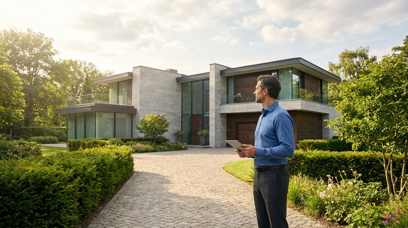 Trouver des biens immobiliers exclusifs Un homme en tenue professionnelle tenant une tablette devant une villa moderne et luxueuse.