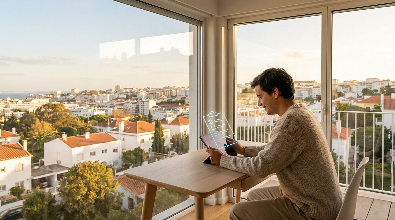 Préparer son installation au Portugal Un homme souriant travaille sur une tablette avec une icône de liste de tâches devant une vue panoramique sur Lisbonne.