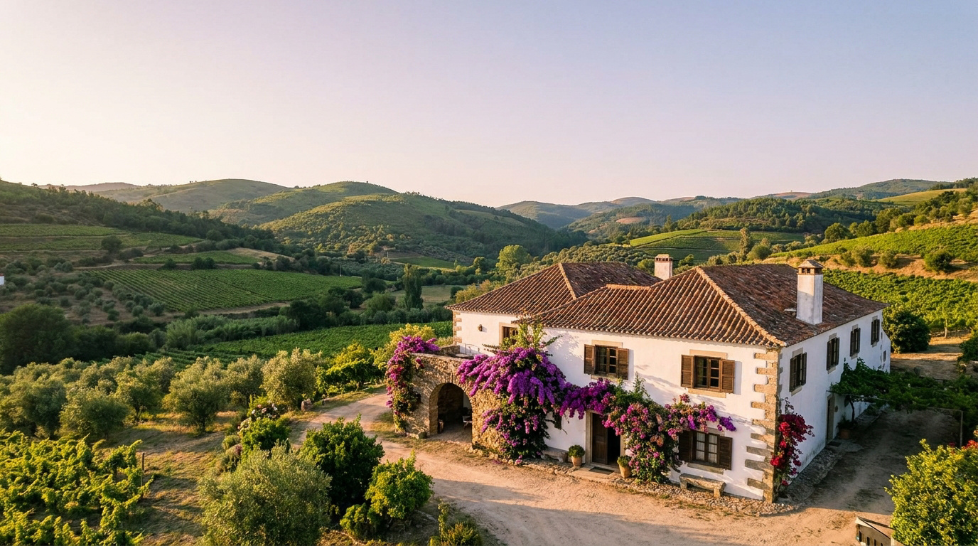 Lancer son activité de tourisme rural en pleine nature Une maison de campagne traditionnelle avec des bougainvilliers, entourée de vignobles et de collines au coucher du soleil.
