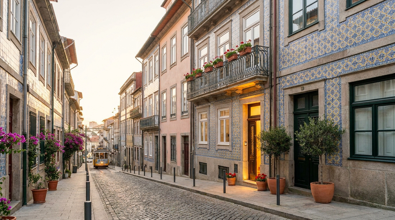 Investir à Porto : charme et rentabilité immobilière Rue pavée traditionnelle à Porto avec tramway jaune historique et bâtiments ornés d'azulejos.