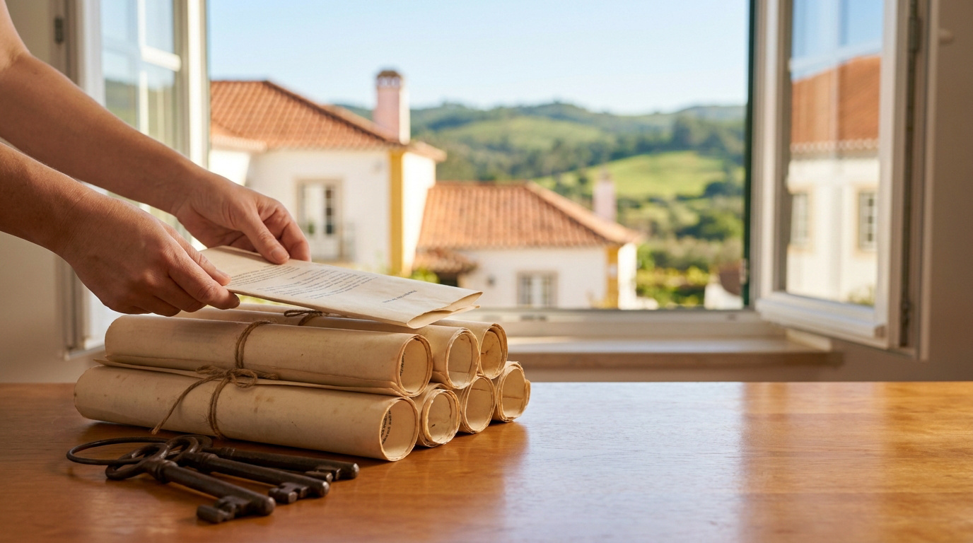 Transmettre son patrimoine immobilier au Portugal Mains tenant des documents devant des parchemins et des clés avec une vue sur une villa portugaise en arrière-plan.