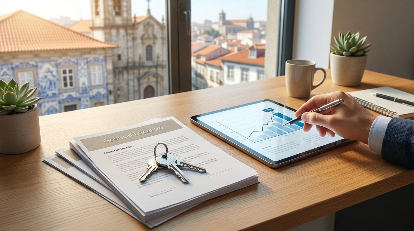 Gestion locative au Portugal : analyse et stratégie Un bureau avec des documents de gestion locative, une tablette affichant un graphique et une vue sur une ville portugaise.