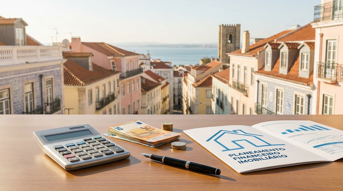Calcul des frais d’achat immobilier au Portugal Calculatrice, billets d'euros et document financier sur une table face à une ville portugaise typique avec vue sur la mer.