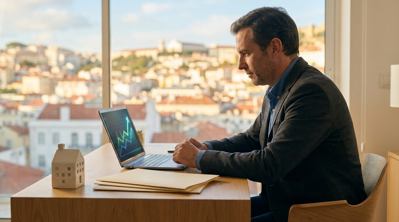 Optimisation fiscale immobilière au Portugal Un homme d'affaires travaillant sur un ordinateur avec un graphique financier devant une vue panoramique de Lisbonne.