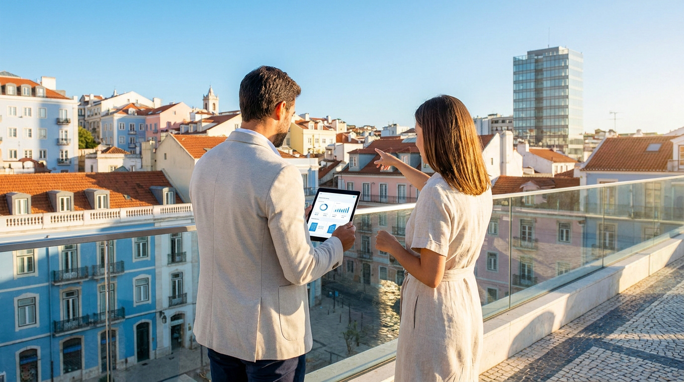 Investir dans l’immobilier au Portugal en 2026 Un homme et une femme regardant une tablette avec des données immobilières devant le panorama urbain de Lisbonne.
