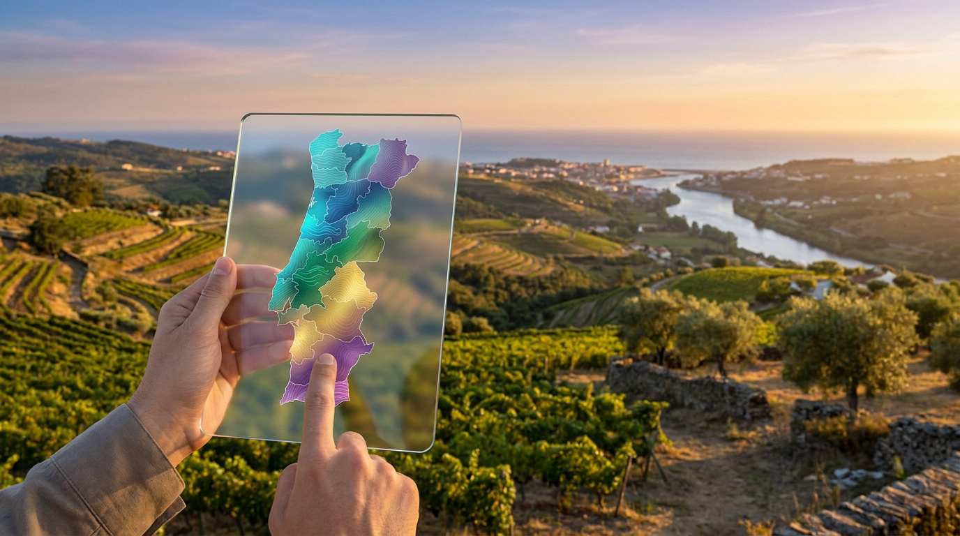 Prix des terrains au Portugal : baromètre régional Mains tenant une tablette transparente avec une carte colorée du Portugal devant un paysage viticole au coucher du soleil.