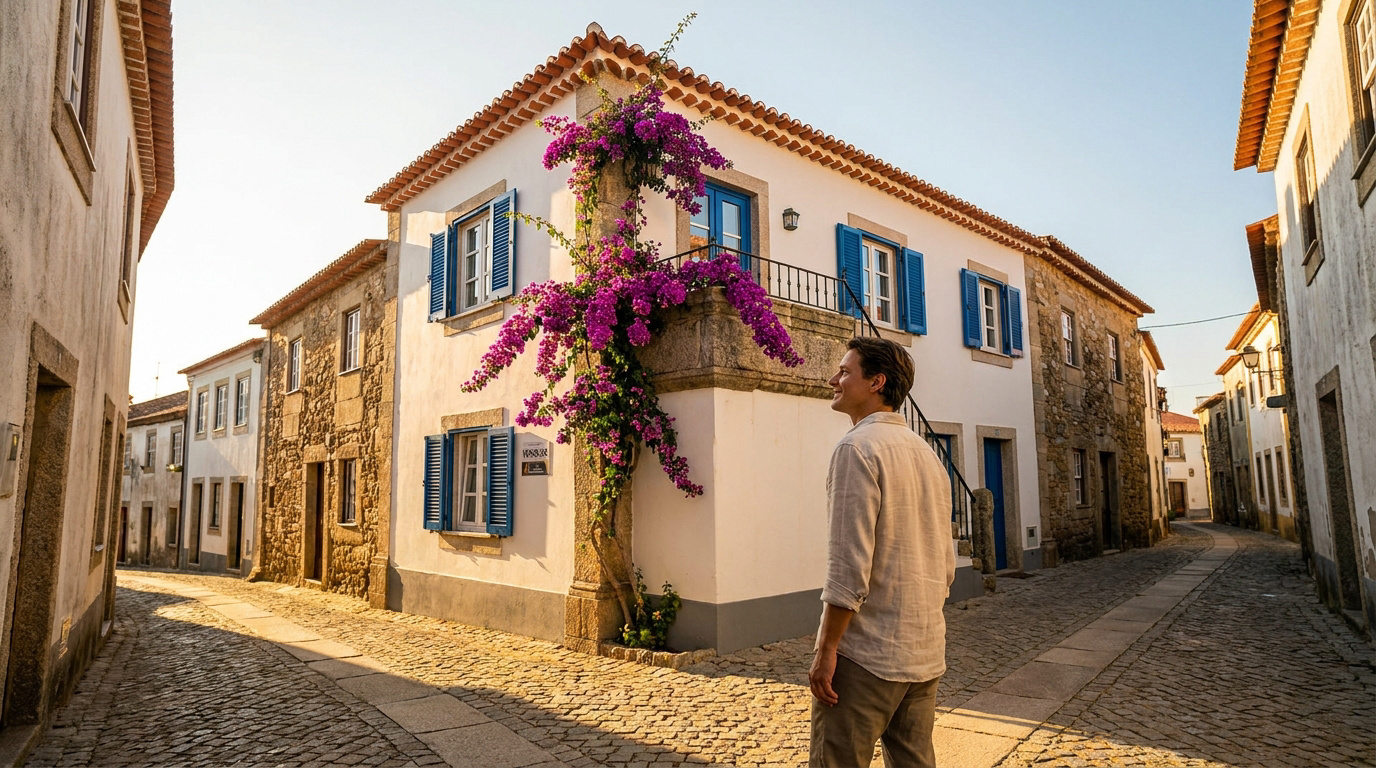 Investir dans une maison de village au Portugal Un homme admire une maison traditionnelle portugaise en pierre avec des volets bleus et des fleurs violettes.