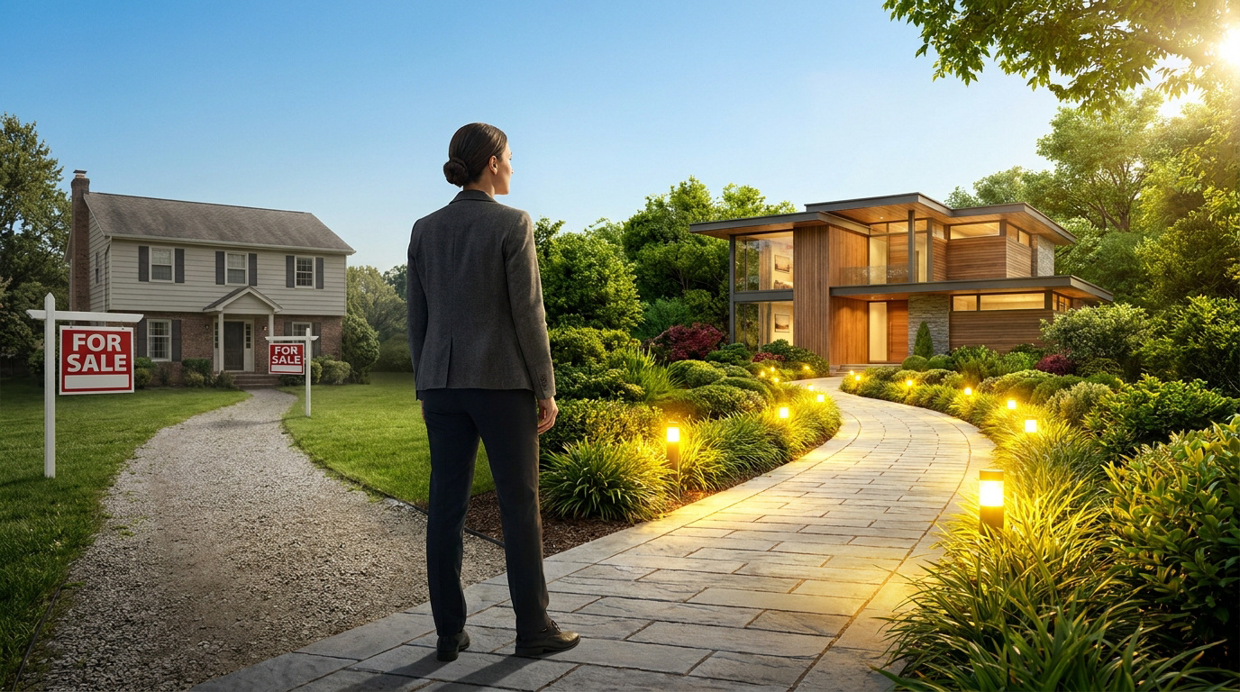 Pourquoi choisir un accompagnement dédié à l’acheteur Une personne en costume face à deux options de maisons, l'une traditionnelle et l'autre moderne, lors d'un achat immobilier.
