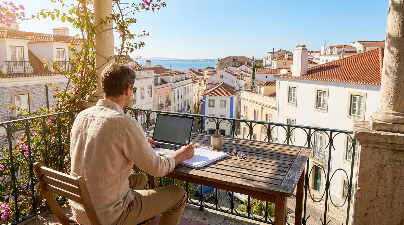 Travail à distance avec vue sur Lisbonne Un homme travaillant sur un ordinateur portable depuis un balcon ensoleillé surplombant les toits de Lisbonne.