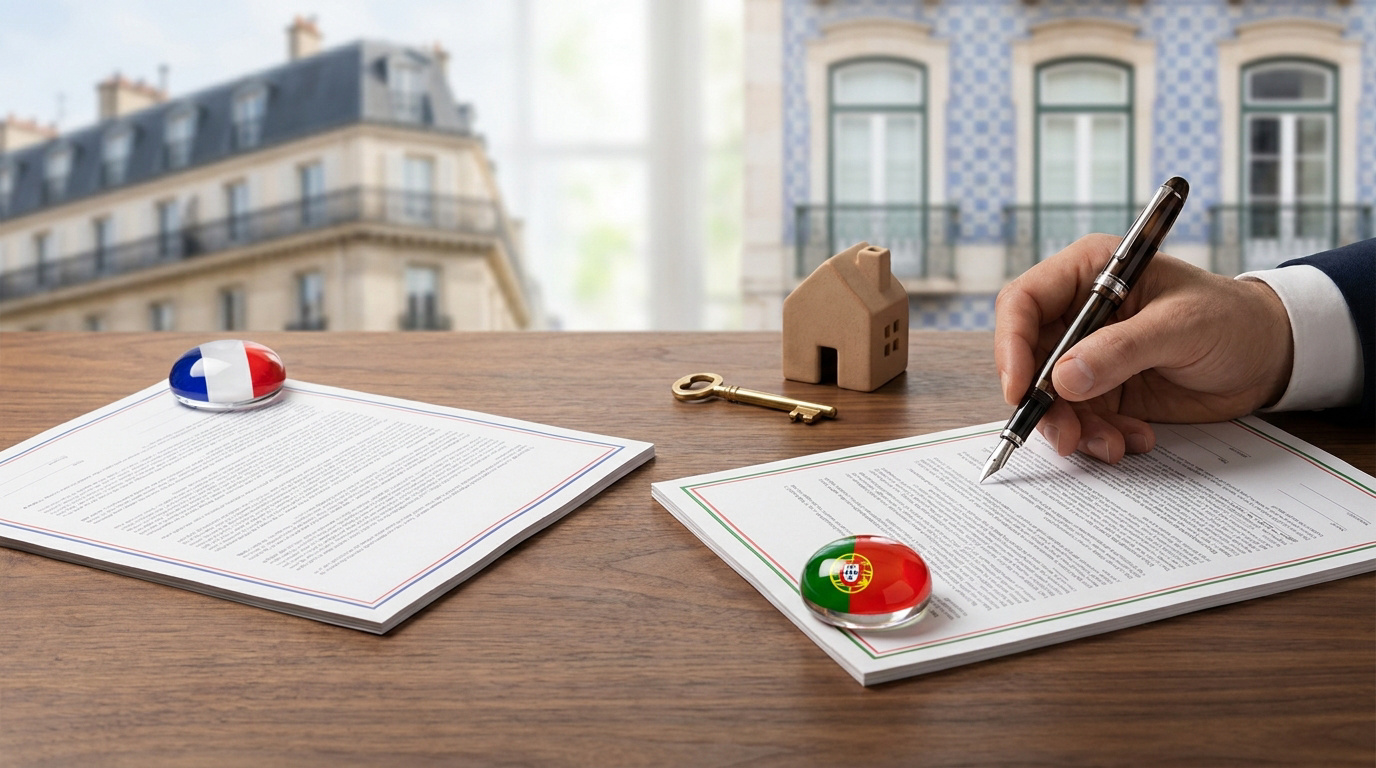 Comparatif des compromis de vente : France et Portugal Une main signe un document sur un bureau avec les drapeaux français et portugais et une petite maison en bois.