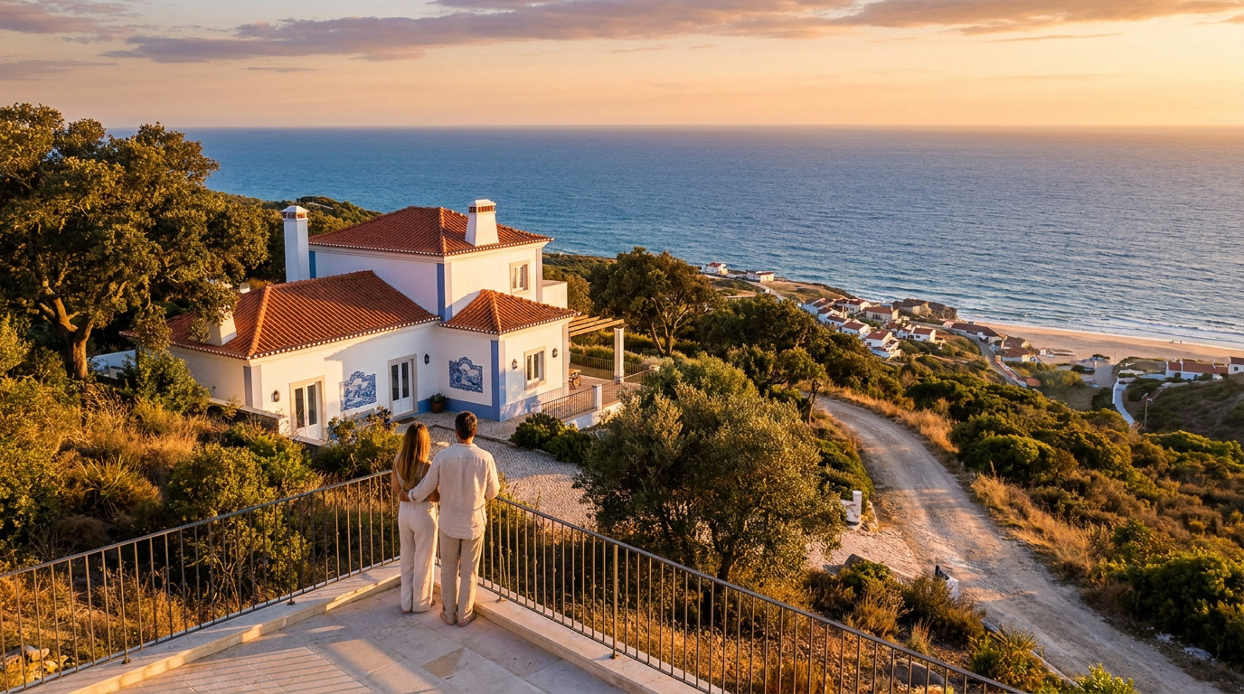 Investir sur la Côte d’Argent : un paradis en bord de mer Un couple admire une villa portugaise traditionnelle et la vue sur l'océan au coucher du soleil sur la Côte d'Argent.