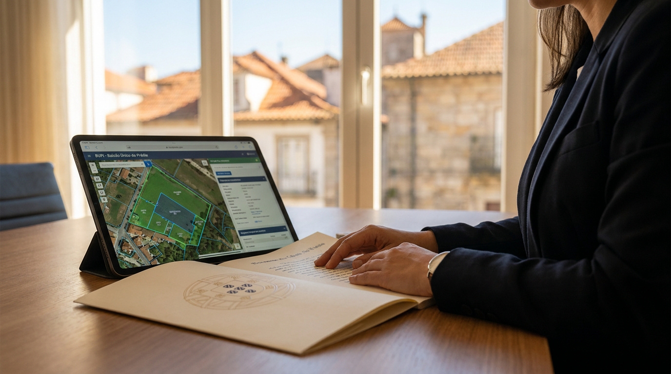 Une personne consulte un cadastre numérique sur tablette et un document officiel portant les armoiries du Portugal.