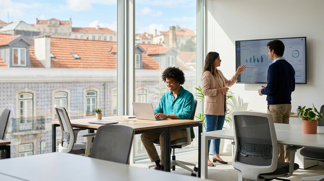 Travailler au Portugal : environnement de bureau moderne Équipe multiculturelle travaillant dans un bureau moderne avec vue sur les toits typiques d'une ville portugaise.