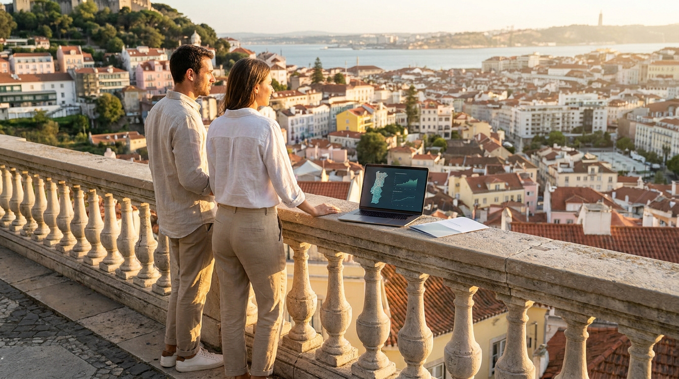 Visa D7 pour le Portugal : votre nouvelle vie Un couple regarde le panorama de Lisbonne avec un ordinateur portable affichant une carte du Portugal.